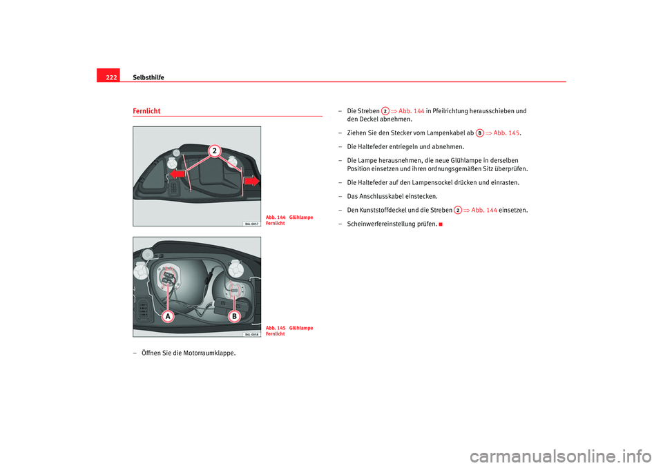Seat Cordoba 2006 Betriebsanleitung (in German) Selbsthilfe
222Fernlicht– Öffnen Sie die Motorraumklappe. –Die Streben ⇒
Abb. 144 in Pfeilrichtung herausschieben und
den Deckel abnehmen.
– Ziehen Sie den Stecker vom Lampenkabel ab ⇠Seat Cordoba 2006 Betriebsanleitung (in German) Selbsthilfe
222Fernlicht– Öffnen Sie die Motorraumklappe. –Die Streben ⇒
Abb. 144 in Pfeilrichtung herausschieben und
den Deckel abnehmen.
– Ziehen Sie den Stecker vom Lampenkabel ab â‡