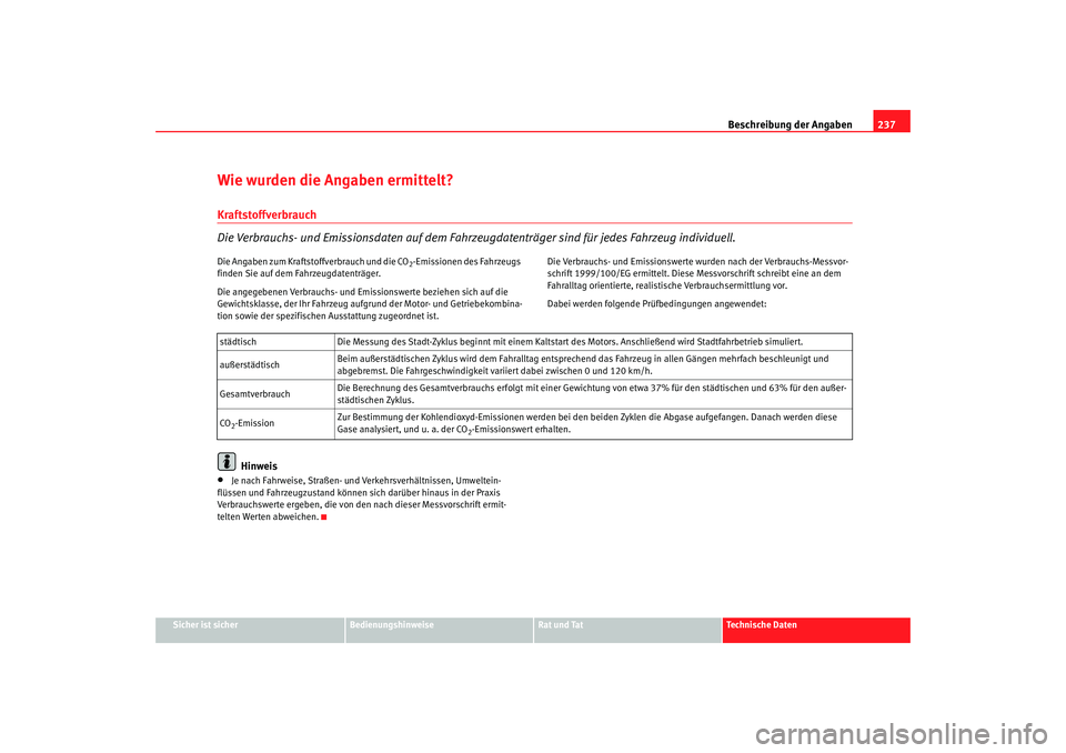 Seat Cordoba 2006  Betriebsanleitung (in German) Beschreibung der Angaben237
Sicher ist sicher
Bedienungshinweise
Rat und Tat
Technische Daten
Wie wurden die Angaben ermittelt?Kraftstoffverbrauch
Die Verbrauchs- und Emissionsdaten auf dem Fahrzeugda