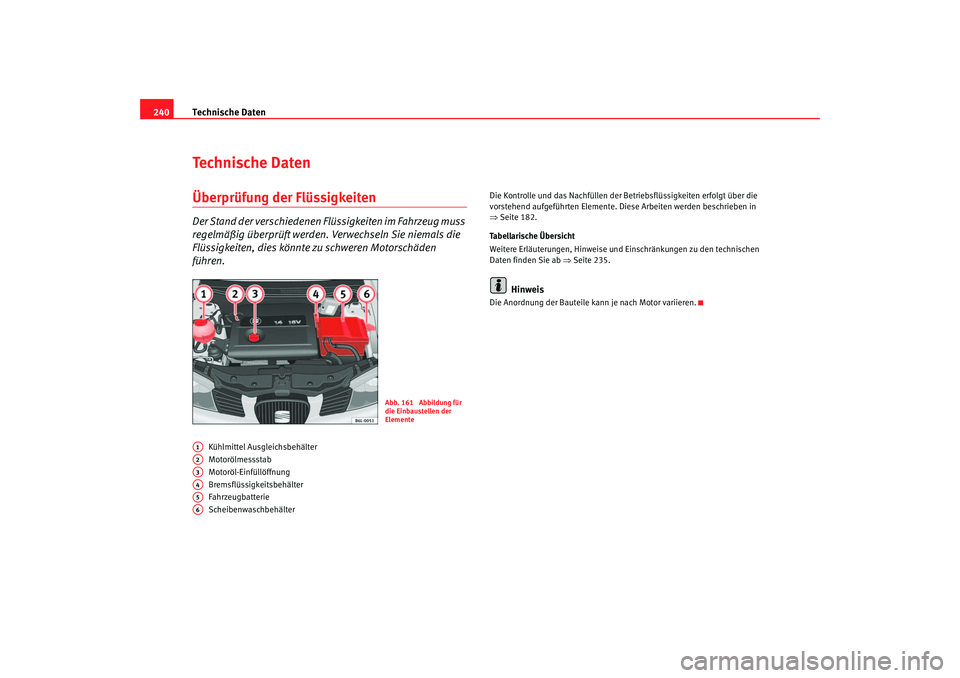 Seat Cordoba 2006 Betriebsanleitung (in German) Technische Daten
240Technische DatenÜberprüfung der FlüssigkeitenDer Stand der verschiedenen Flüssigkeiten im Fahrzeug muss
regelmäßig überprüft werden. Verwechseln Sie niemals die
Flüssigk Seat Cordoba 2006 Betriebsanleitung (in German) Technische Daten
240Technische DatenÜberprüfung der FlüssigkeitenDer Stand der verschiedenen Flüssigkeiten im Fahrzeug muss
regelmäßig überprüft werden. Verwechseln Sie niemals die
Flüssigk