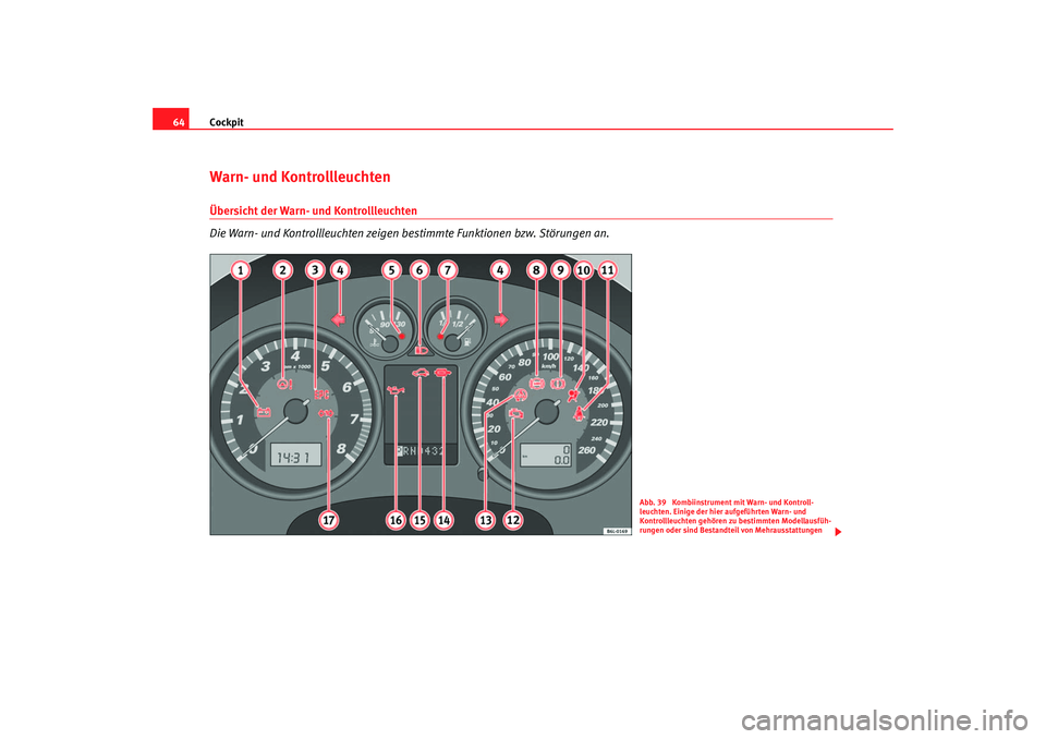 Seat Cordoba 2006  Betriebsanleitung (in German) Cockpit
64Warn- und Kontrollleuchten Übersicht der Warn- und Kontrollleuchten
Die Warn- und Kontrollleuchten zeigen bestimmte Funktionen bzw. Störungen an.
Abb. 39  Kombiinstrument mit Warn- und Kon