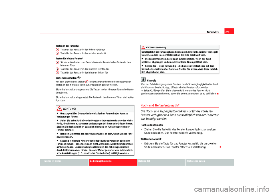 Seat Cordoba 2006 Betriebsanleitung (in German) Auf und zu89
Sicher ist sicher
Bedienungshinweise
Rat und Tat
Technische Daten
Tasten in der Fahrertür
Taste für das Fenster in der linken Vordertür
Taste für das Fenster in der rechten Vordertür Seat Cordoba 2006 Betriebsanleitung (in German) Auf und zu89
Sicher ist sicher
Bedienungshinweise
Rat und Tat
Technische Daten
Tasten in der Fahrertür
Taste für das Fenster in der linken Vordertür
Taste für das Fenster in der rechten Vordertür