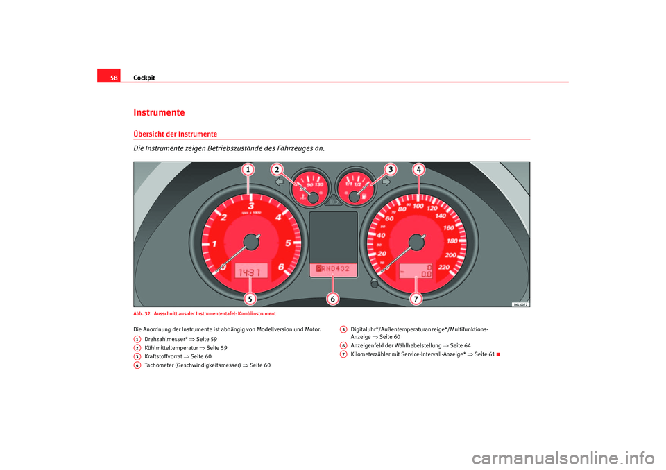 Seat Cordoba 2005 Betriebsanleitung (in German) Cockpit
58InstrumenteÜbersicht der Instrumente
Die Instrumente zeigen Betriebszustände des Fahrzeuges an.Abb. 32 Ausschnitt aus der Instrumententafel: KombiinstrumentDie Anordnung der Instrumente Seat Cordoba 2005 Betriebsanleitung (in German) Cockpit
58InstrumenteÜbersicht der Instrumente
Die Instrumente zeigen Betriebszustände des Fahrzeuges an.Abb. 32 Ausschnitt aus der Instrumententafel: KombiinstrumentDie Anordnung der Instrumente