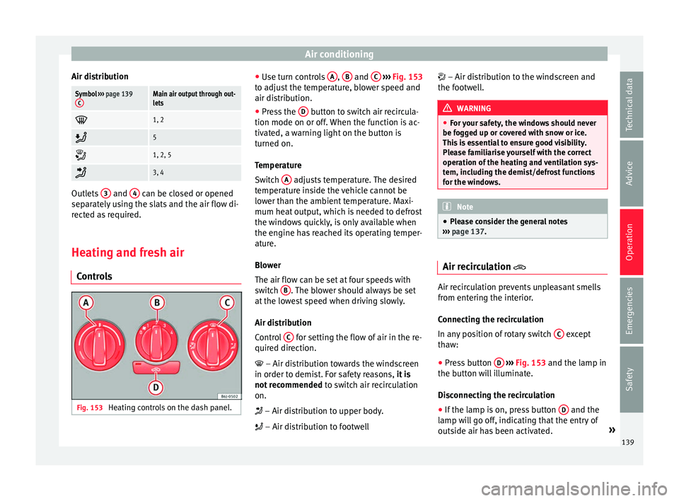 SEAT IBIZA 5D 2017  Owners Manual Air conditioning
Air distributionSymbol  ››› page 139
CMain air output through out-
lets 
1, 2

5

1, 2, 5

3, 4
Outlets 
3  and 
4  can be closed or opened
separ at

ely using the s
