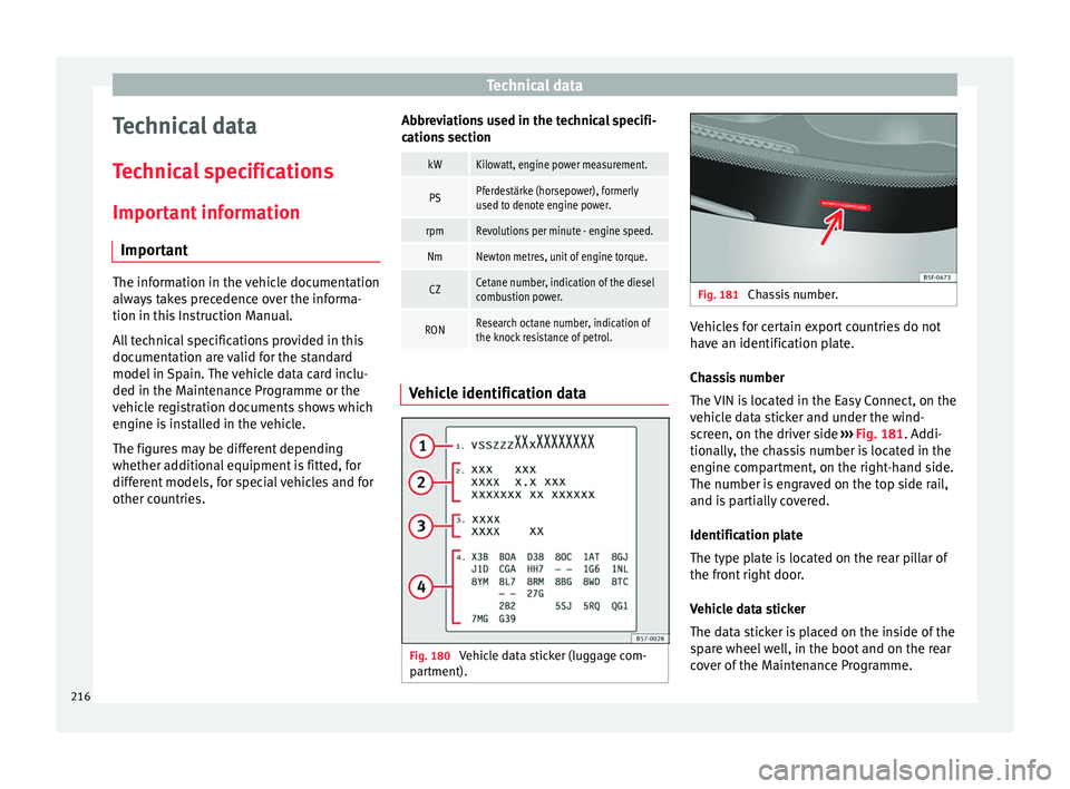 SEAT IBIZA 5D 2017 Owners Manual Technical data
Technical data
T ec
hnic
al specifications
Important information Important The information in the vehicle documentation
alwa
y
s takes precedence over the informa-
tion in this Instruc SEAT IBIZA 5D 2017 Owners Manual Technical data
Technical data
T ec
hnic
al specifications
Important information Important The information in the vehicle documentation
alwa
y
s takes precedence over the informa-
tion in this Instruc