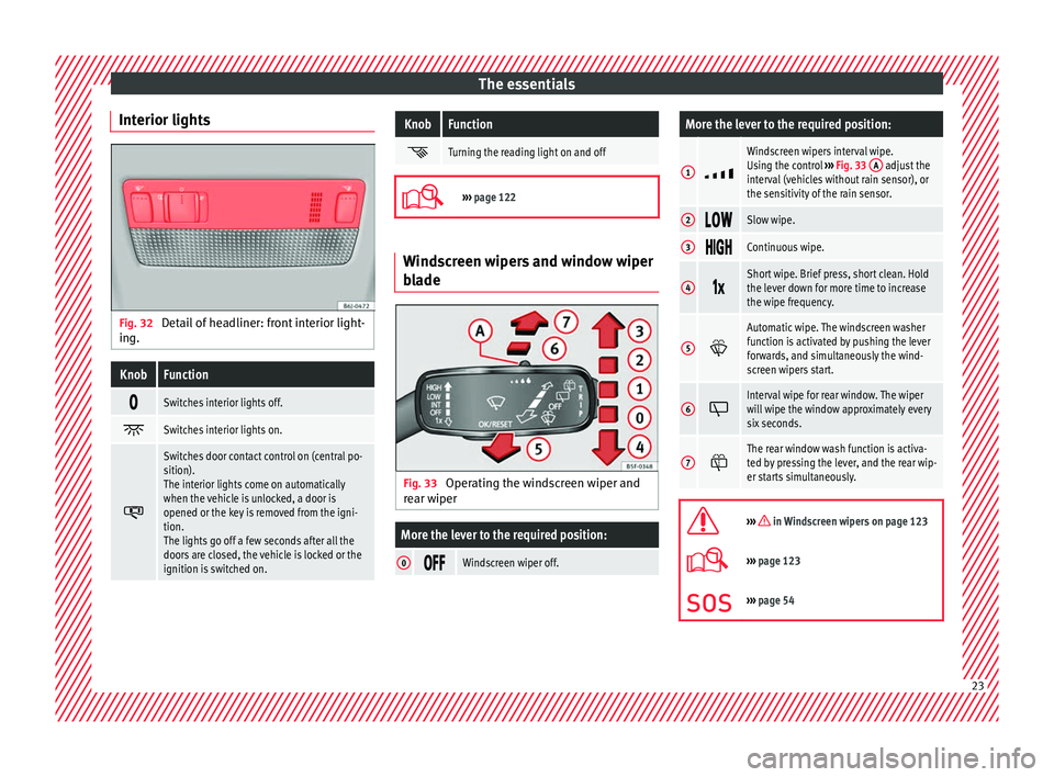 SEAT IBIZA 5D 2017 Owners Manual The essentials
Interior lights Fig. 32
Detail of headliner: front interior light-
in g.KnobFunction
Switches interior lights off.
Switches interior lights on.
Switches door contact contro SEAT IBIZA 5D 2017 Owners Manual The essentials
Interior lights Fig. 32
Detail of headliner: front interior light-
in g.KnobFunction
Switches interior lights off.
Switches interior lights on.
Switches door contact contro