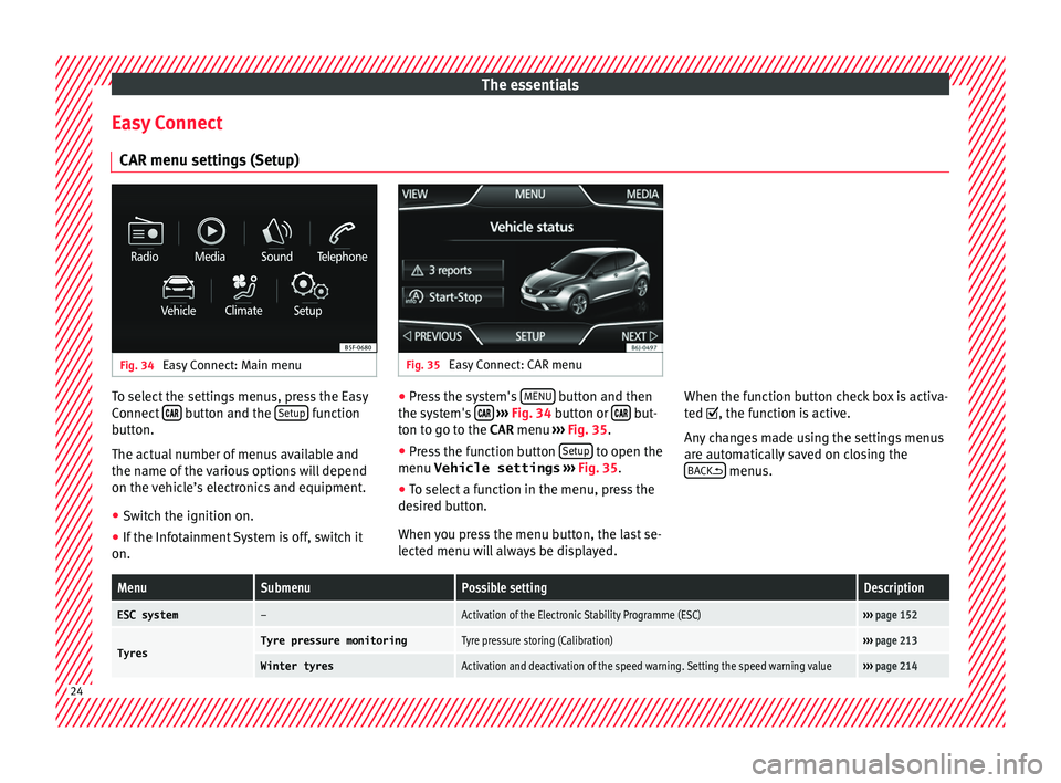 SEAT IBIZA 5D 2017 Owners Manual The essentials
Easy Connect CAR menu settin g
s
(Setup)Fig. 34
Easy Connect: Main menu Fig. 35
Easy Connect: CAR menu To select the settings menus, press the Easy
C
onnect
button and SEAT IBIZA 5D 2017 Owners Manual The essentials
Easy Connect CAR menu settin g
s
(Setup)Fig. 34
Easy Connect: Main menu Fig. 35
Easy Connect: CAR menu To select the settings menus, press the Easy
C
onnect
button and