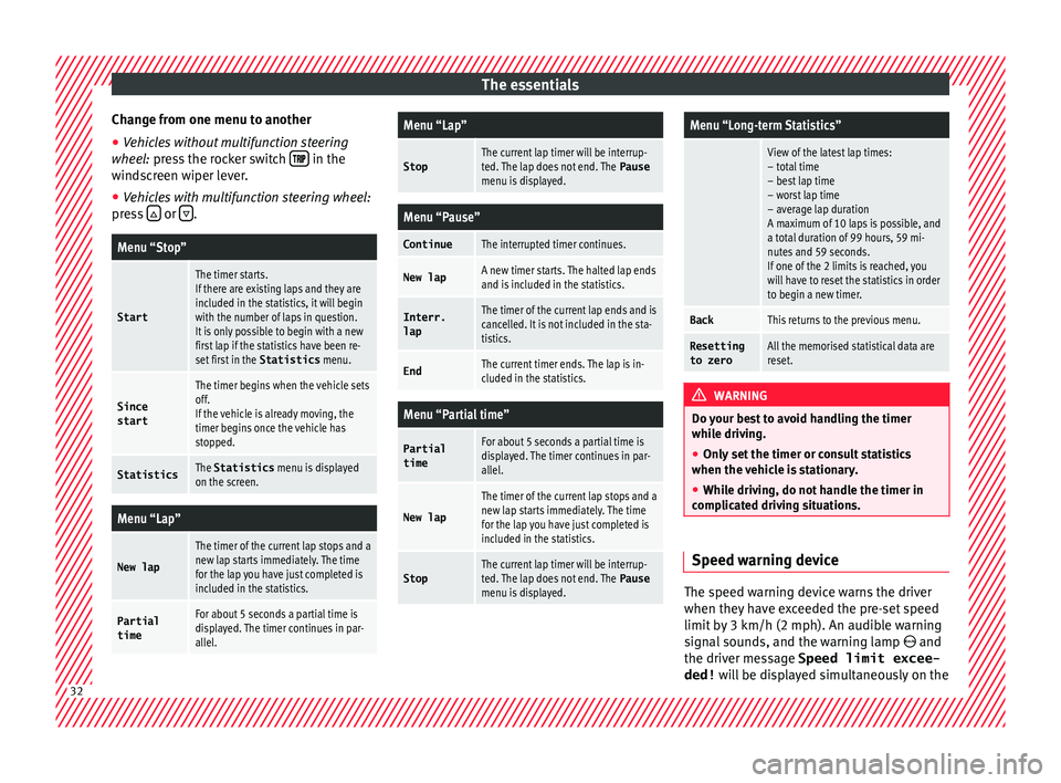SEAT IBIZA 5D 2017 Owners Guide The essentials
Change from one menu to another
● Vehicles without multifunction steering
whe e
l:
press the rocker switch in the
w ind
s
creen wiper lever.
● Vehicles with multifun SEAT IBIZA 5D 2017 Owners Guide The essentials
Change from one menu to another
● Vehicles without multifunction steering
whe e
l:
press the rocker switch in the
w ind
s
creen wiper lever.
● Vehicles with multifun