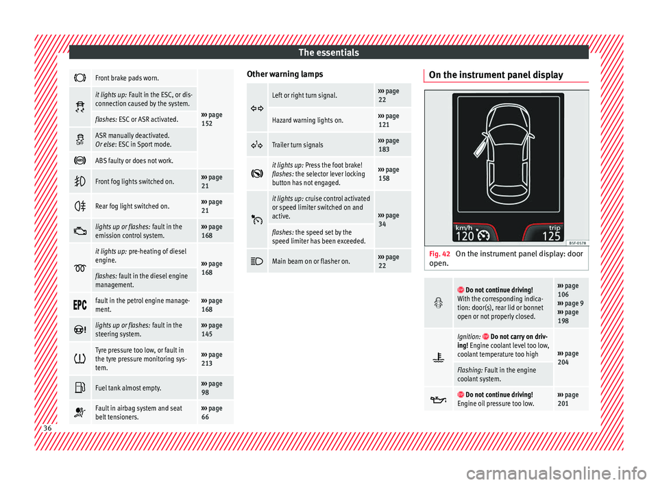 SEAT IBIZA SC 2017 Owners Manual The essentials
Front brake pads worn.
›››
page
152
it lights up:
Fault in the ESC, or dis-
connection caused by the system.
flashes: ESC or ASR activated.
ASR manually deactivated. SEAT IBIZA SC 2017 Owners Manual The essentials
Front brake pads worn.
›››
page
152
it lights up:
Fault in the ESC, or dis-
connection caused by the system.
flashes: ESC or ASR activated.
ASR manually deactivated.
