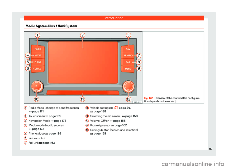 SEAT TOLEDO 2019  Owners Manual Introduction
Media System Plus / Navi System Fig. 172 
Overview of the controls (this configura-
tion depends on the v ersion).Radio Mode (change of band frequency
