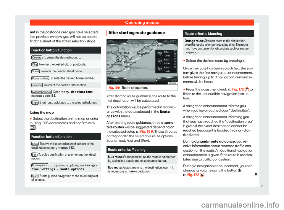 SEAT TOLEDO 2019  Owners Manual Operating modes
not in the post code ar
ea you hav e selected
in a previous window, you will not be able to
find the street at the street selection stage. Function button: function
Country : To select