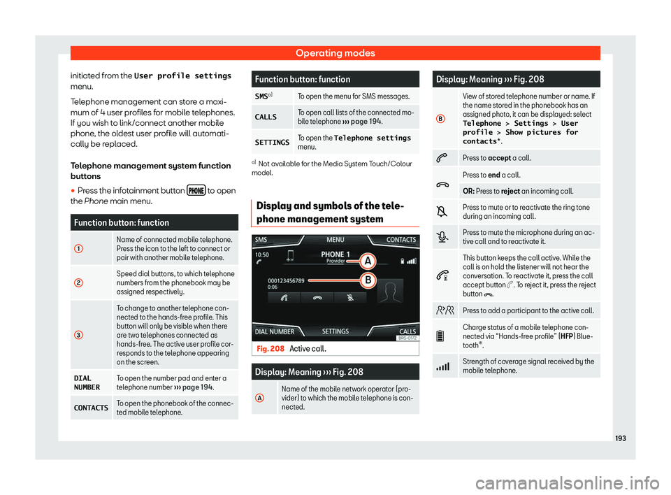 SEAT TOLEDO 2019  Owners Manual Operating modes
initiated from the �U�s�e�r� �p�r�o�f�i�l�e� �s�e�t�t�i�n�g�s
menu.
T el
ephone management can st
ore a maxi-
mum of 4 user profiles for mobile telephones.
If you wish to link/connect 