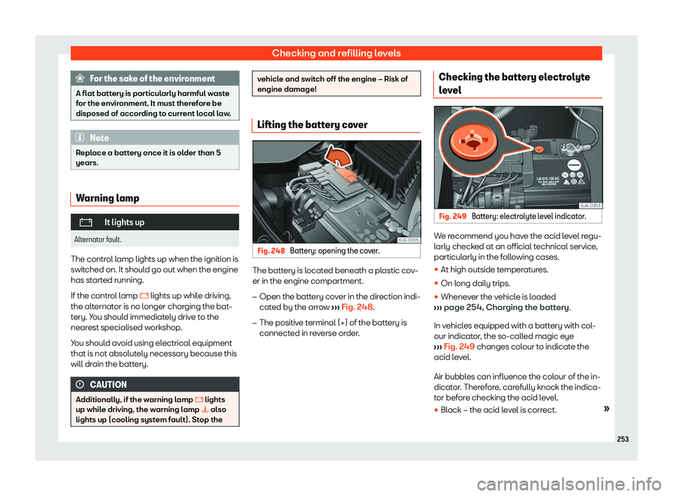 SEAT TOLEDO 2019  Owners Manual Checking and refilling levels
For the sake of the environment
A flat battery is particularly harmful waste
for the envir onment. It must ther
efore be
disposed of according to current local law. Note
