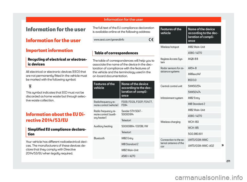 SEAT TOLEDO 2019  Owners Manual Information for the user
Information for the user
Inf ormation f
or the user
Impor
tant information
Recycling of electrical or electron-
ic devices All electrical or electronic devices (EED) that
are 