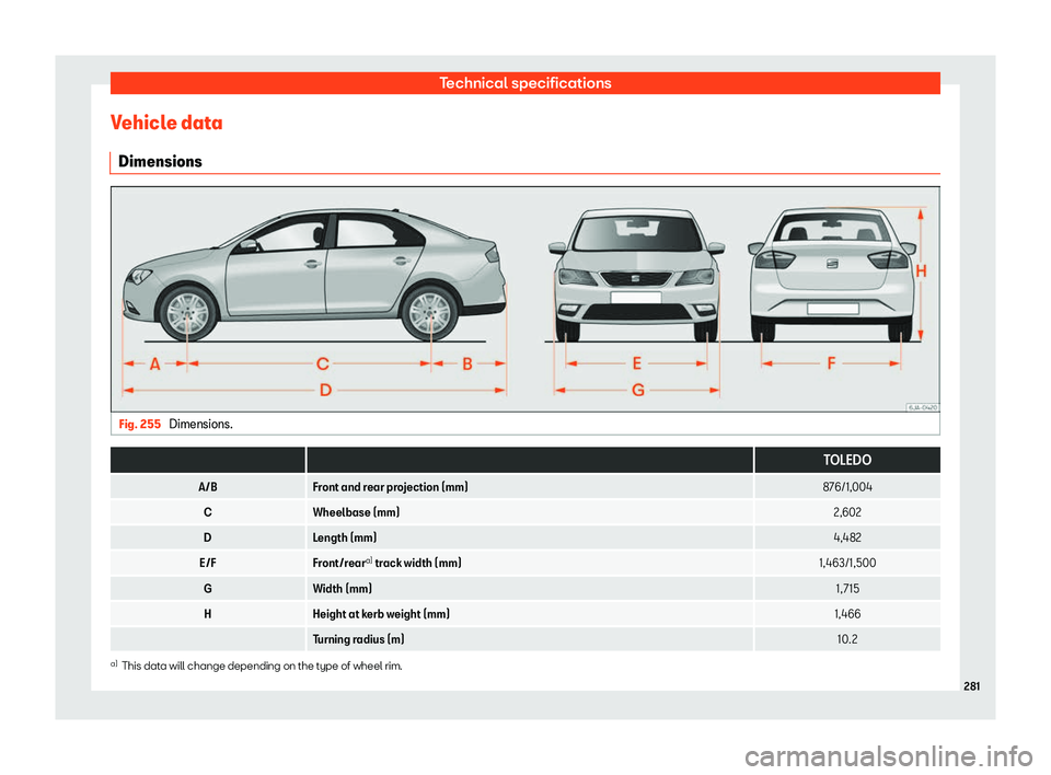 SEAT TOLEDO 2019  Owners Manual Technical specifications
Vehicle data Dimensions Fig. 255 
Dimensions.  
  TOLEDO
A/B Front and rear projection (mm) 876/1,004
C Wheelbase (mm) 2,602
D Length (mm) 4,482
E/F Front/reara)
 track width 