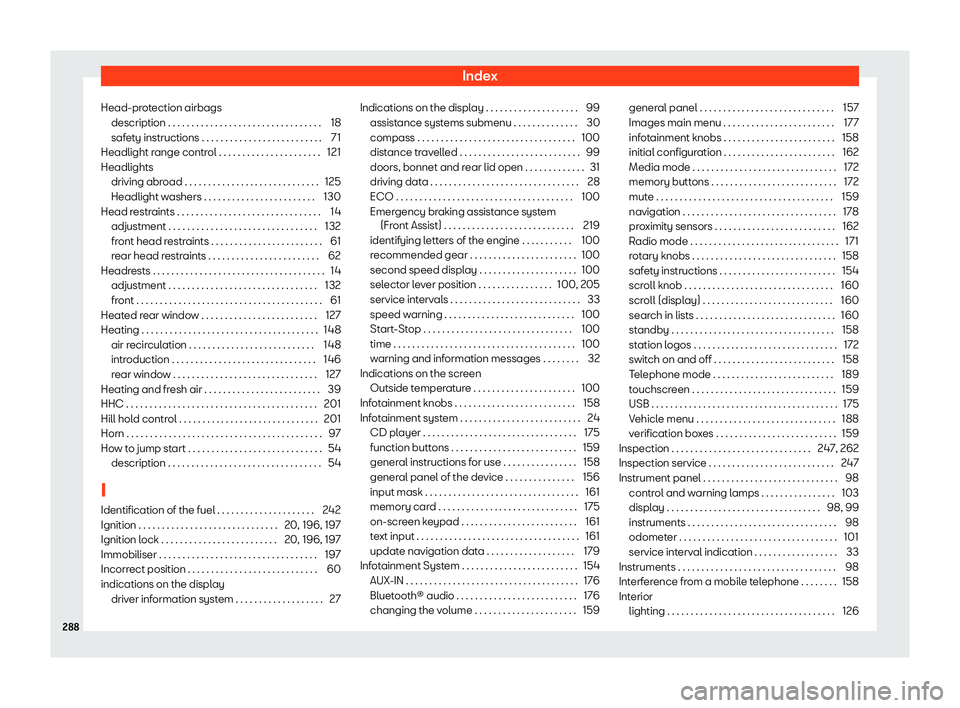 SEAT TOLEDO 2019  Owners Manual Index
Head-protection airbags description . . . . . . . . . . . . . . . . . . . . . . . . . . . . . . \
. . . 18
saf et
y instructions . . . . . . . . . . . . . . . . . . . . . . . . . . 71
Headlight 