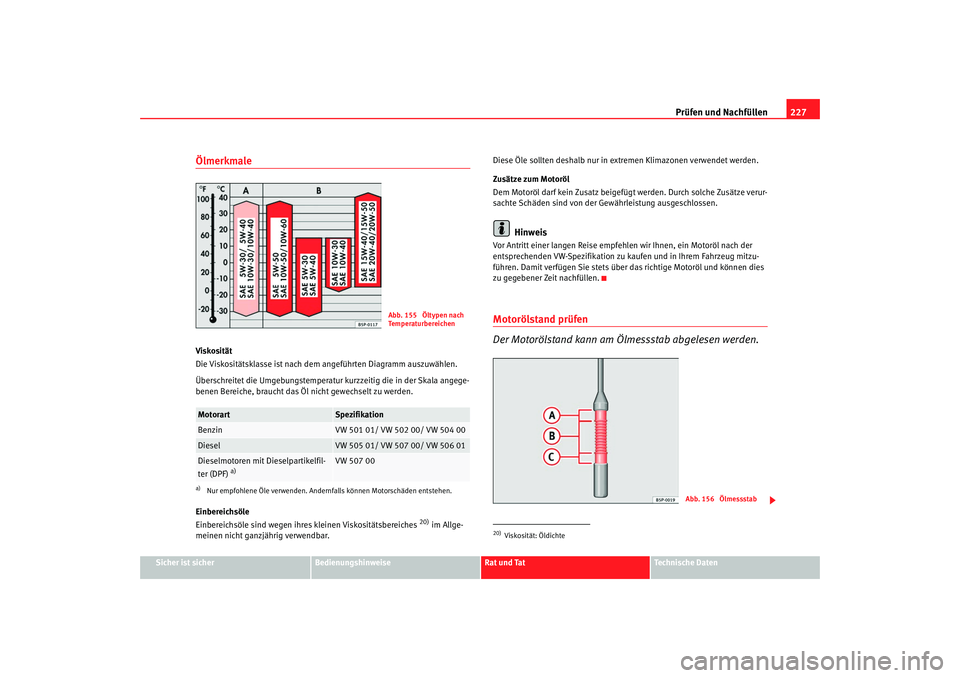SEAT TOLEDO 2009 Owners Manual Prüfen und Nachfüllen227
Sicher ist sicher
Bedienungshinweise
Rat und Tat
Technische Daten
ÖlmerkmaleViskosität
Die Viskositätsklasse ist nach dem angeführten Diagramm auszuwählen.
Überschreit SEAT TOLEDO 2009 Owners Manual Prüfen und Nachfüllen227
Sicher ist sicher
Bedienungshinweise
Rat und Tat
Technische Daten
ÖlmerkmaleViskosität
Die Viskositätsklasse ist nach dem angeführten Diagramm auszuwählen.
Überschreit