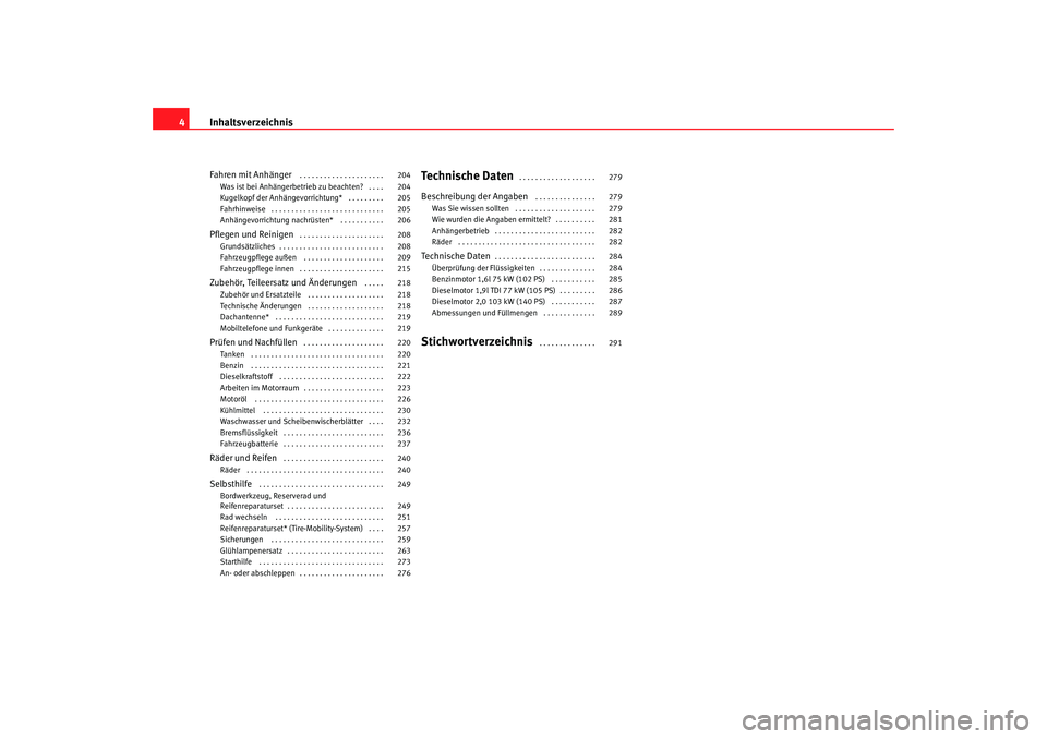 SEAT TOLEDO 2009 Owners Manual Inhaltsverzeichnis
4Fahren mit Anhänger
. . . . . . . . . . . . . . . . . . . . .
Was ist bei Anhängerbetrieb zu beachten? . . . .
Kugelkopf der Anhängevorrichtung* . . . . . . . . .
Fahrhinwe SEAT TOLEDO 2009 Owners Manual Inhaltsverzeichnis
4Fahren mit Anhänger
. . . . . . . . . . . . . . . . . . . . .
Was ist bei Anhängerbetrieb zu beachten? . . . .
Kugelkopf der Anhängevorrichtung* . . . . . . . . .
Fahrhinwe