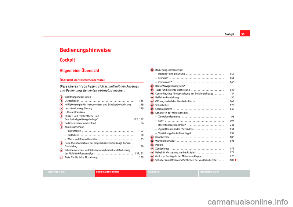 SEAT TOLEDO 2009 Workshop Manual Cockpit55
Sicher ist sicher
Bedienungshinweise
Rat und Tat
Technische Daten
BedienungshinweiseCockpitAllgemeine ÜbersichtÜbersicht der Instrumententafel
Diese Übersicht soll helfen, si ch schnell m SEAT TOLEDO 2009 Workshop Manual Cockpit55
Sicher ist sicher
Bedienungshinweise
Rat und Tat
Technische Daten
BedienungshinweiseCockpitAllgemeine ÜbersichtÜbersicht der Instrumententafel
Diese Übersicht soll helfen, si ch schnell m