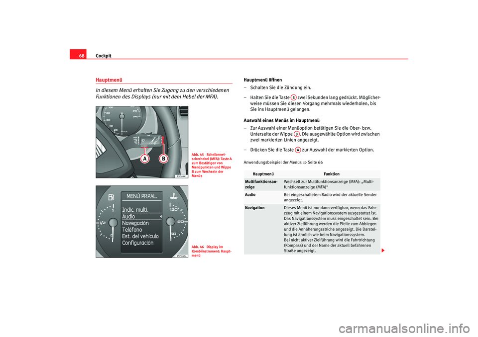 SEAT TOLEDO 2009 Repair Manual Cockpit
68Hauptmenü
In diesem Menü erhalten Sie Zugang zu den verschiedenen
Funktionen des Displays (nur mit dem Hebel der MFA).
Hauptmenü öffnen
– Schalten Sie die Zündung ein.
– Halten Sie SEAT TOLEDO 2009 Repair Manual Cockpit
68Hauptmenü
In diesem Menü erhalten Sie Zugang zu den verschiedenen
Funktionen des Displays (nur mit dem Hebel der MFA).
Hauptmenü öffnen
– Schalten Sie die Zündung ein.
– Halten Sie