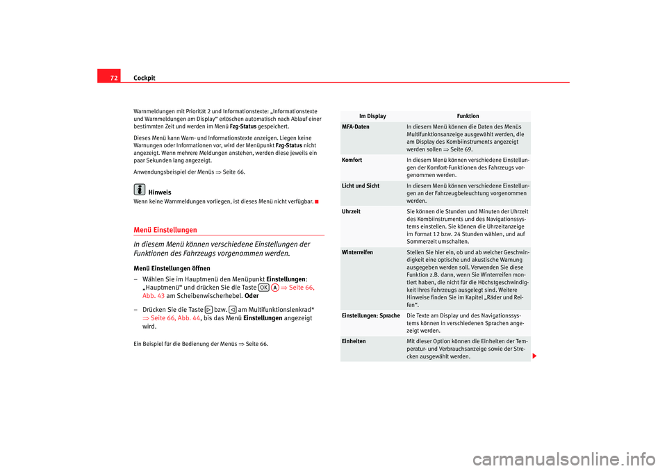 SEAT TOLEDO 2009 Manual PDF Cockpit
72Warnmeldungen mit Priorität 2 und Info rmationstexte: „Informationstexte
und Warnmeldungen am Display“ erlöschen automatisch nach Ablauf einer
bestimmten Zeit und werden im Menü Fz SEAT TOLEDO 2009 Manual PDF Cockpit
72Warnmeldungen mit Priorität 2 und Info rmationstexte: „Informationstexte
und Warnmeldungen am Display“ erlöschen automatisch nach Ablauf einer
bestimmten Zeit und werden im Menü Fz