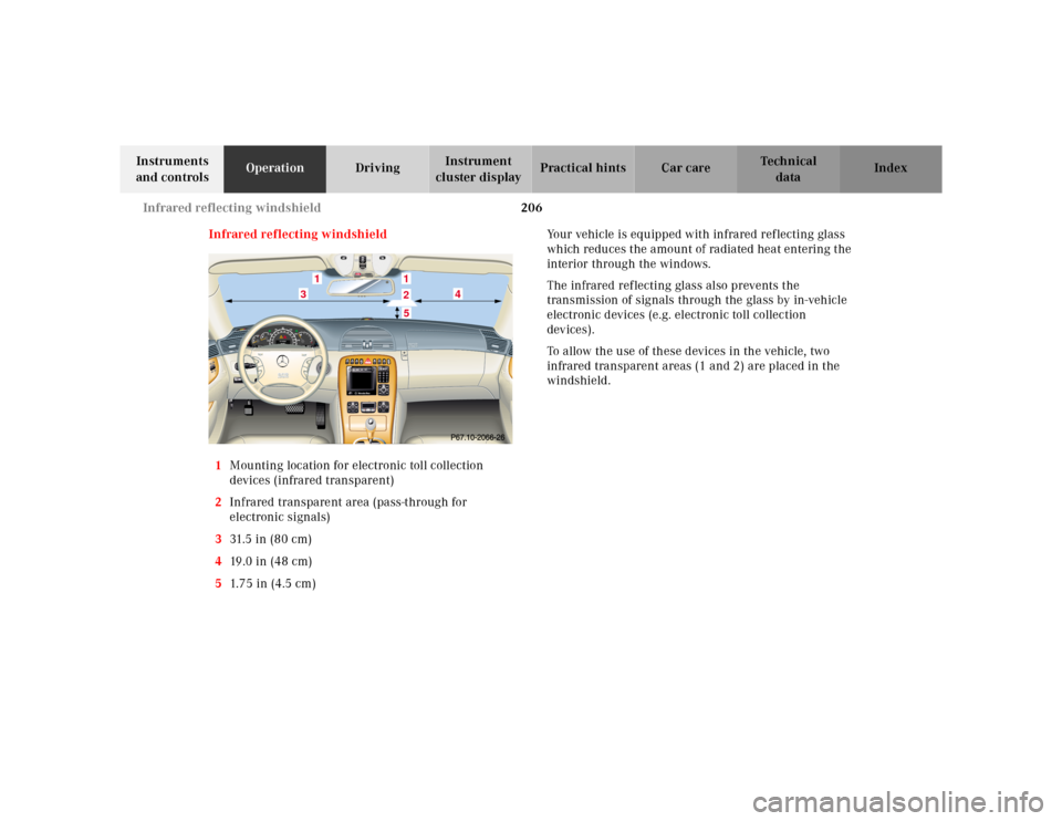 MERCEDES-BENZ CL600 2000 W140 Owners Manual 206 Infrared reflecting windshield
Te ch n ica l
data Instruments 
and controlsOperationDrivingInstrument 
cluster displayPractical hints Car care Index
Infrared reflecting windshield
1Mounting locati