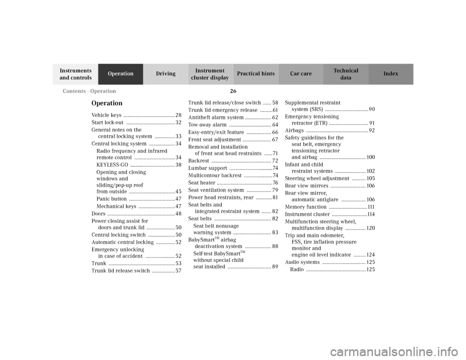 MERCEDES-BENZ CL600 2000 W140 Owners Guide 26 Contents - Operation
Te ch n ica l
data Instruments 
and controlsOperationDrivingInstrument 
cluster displayPractical hints Car care Index
OperationVehicle keys  ...................................