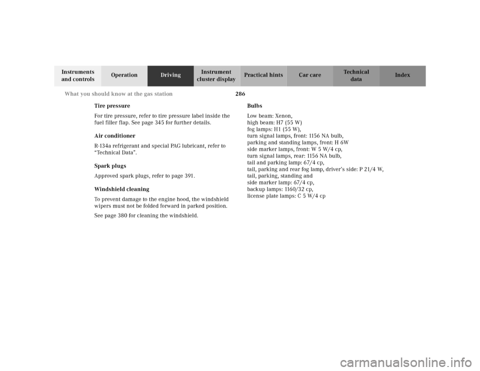 MERCEDES-BENZ CL55AMG 2000 W140 Owners Manual 286 What you should know at the gas station
Te ch n ica l
data Instruments 
and controlsOperationDrivingInstrument 
cluster displayPractical hints Car care Index
Tire pressure
For tire pressure, refer