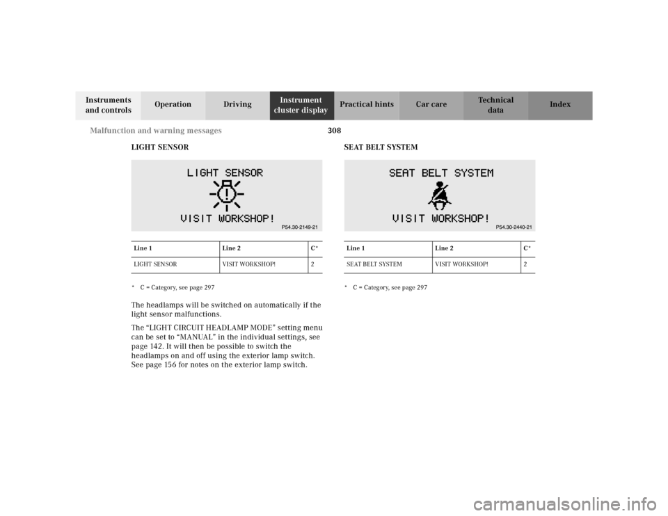 MERCEDES-BENZ CL600 2000 W140 User Guide 308 Malfunction and warning messages
Te ch n ica l
data Instruments 
and controlsOperation DrivingInstrument 
cluster displayPractical hints Car care Index
LIGHT SENSOR
* C = Category, see page 297The