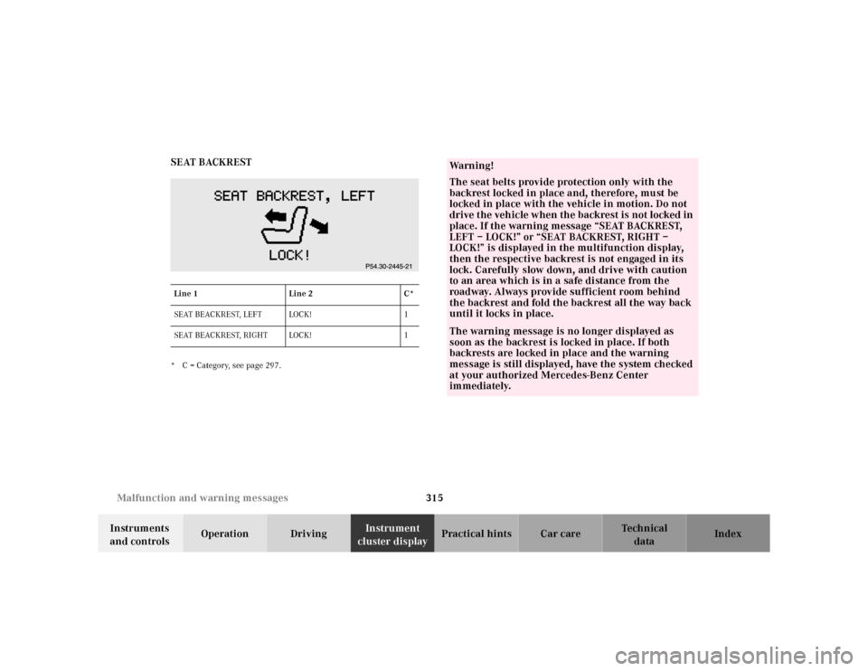 MERCEDES-BENZ CL55AMG 2000 W140 Owners Manual 315 Malfunction and warning messages
Te ch n ica l
data Instruments
and controlsOperation DrivingInstrument
cluster displayPractical hints Car care Index SEAT BACKREST
* C = Category, see page 297.L MERCEDES-BENZ CL55AMG 2000 W140 Owners Manual 315 Malfunction and warning messages
Te ch n ica l
data Instruments
and controlsOperation DrivingInstrument
cluster displayPractical hints Car care Index SEAT BACKREST
* C = Category, see page 297.L
