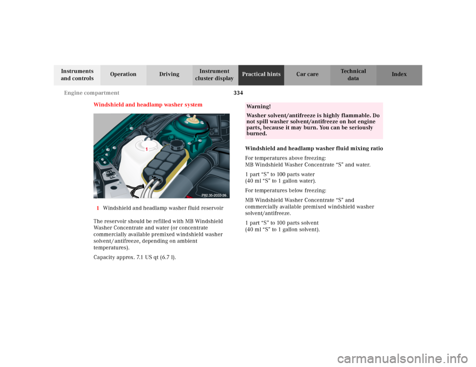 MERCEDES-BENZ CL600 2000 W140 Owners Guide 334 Engine compartment
Te ch n ica l
data Instruments 
and controlsOperation DrivingInstrument 
cluster displayPractical hintsCar care Index
Windshield and headlamp washer system
1Windshield and headl