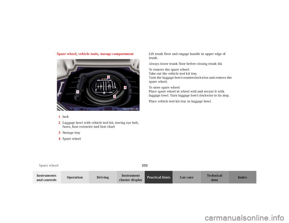 MERCEDES-BENZ CL600 2000 W140 Owners Manual 335 Spare wheel
Te ch n ica l
data Instruments 
and controlsOperation DrivingInstrument 
cluster displayPractical hintsCar care Index Spare wheel, vehicle tools, storage compartment
1Jack
2Luggage bow