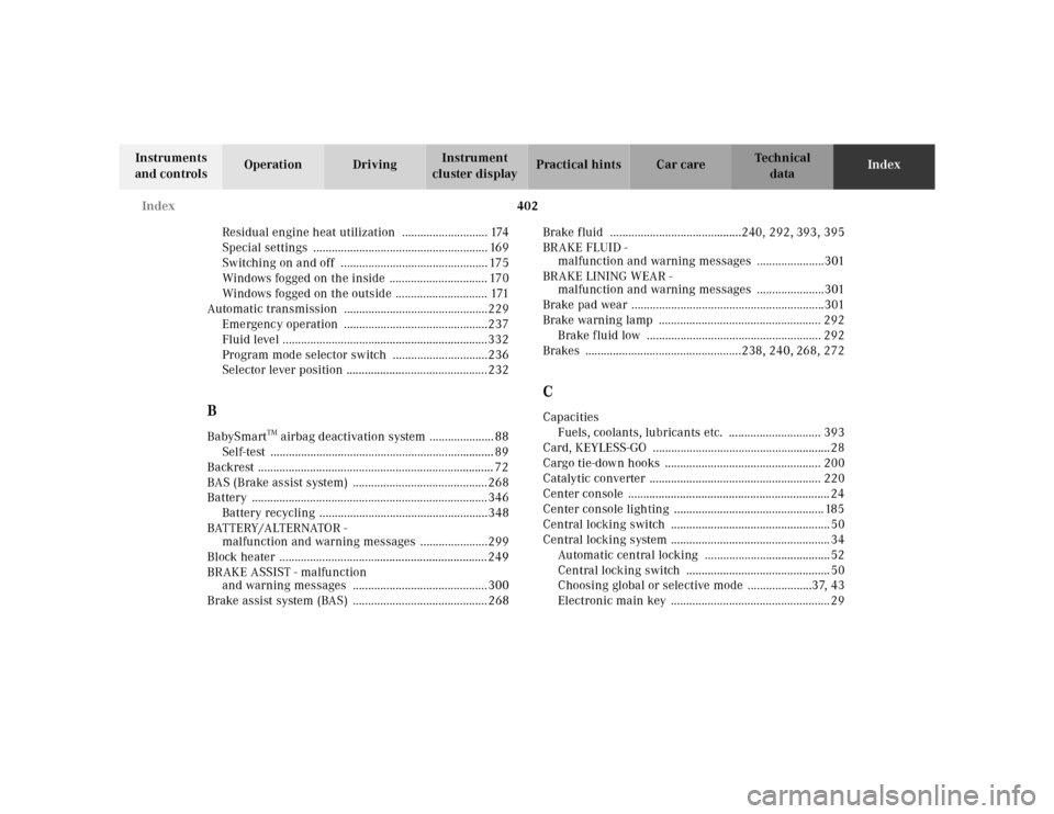 MERCEDES-BENZ CL600 2000 W140 Owners Guide 402 Index
Te ch n ica l
data Instruments 
and controlsOperation DrivingInstrument 
cluster displayPractical hints Car careIndex
Residual engine heat utilization  ............................ 174
Speci