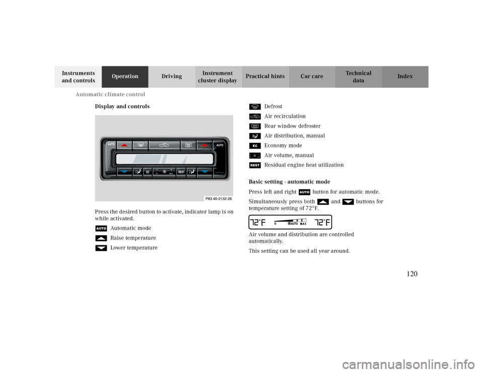 MERCEDES-BENZ CLK CABRIOLET 2000 A208 Owners Manual Automatic climate control
Te ch n ica l
data Instruments 
and controlsOperationDrivingInstrument 
cluster displayPractical hints Car care Index
Display and controls
Press the desired button to activat