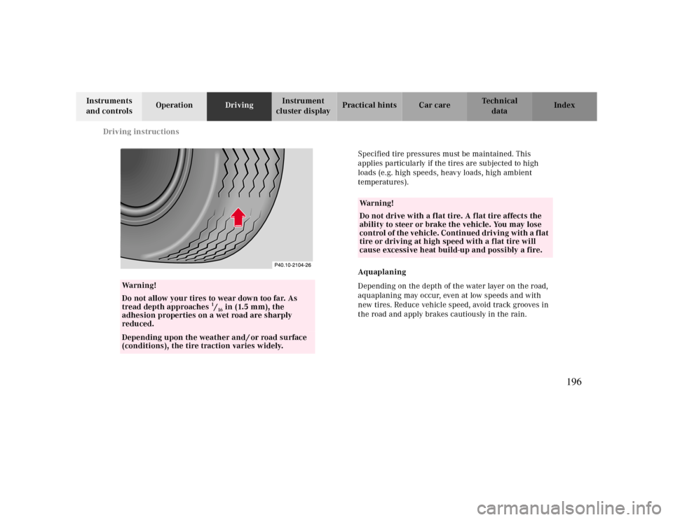 MERCEDES-BENZ CLK CABRIOLET 2000 A208 Owners Manual Driving instructions
Te ch n ica l
data Instruments 
and controlsOperationDrivingInstrument 
cluster displayPractical hints Car care Index
Wa r n i n g !
Do not allow your tires to wear down too far. 