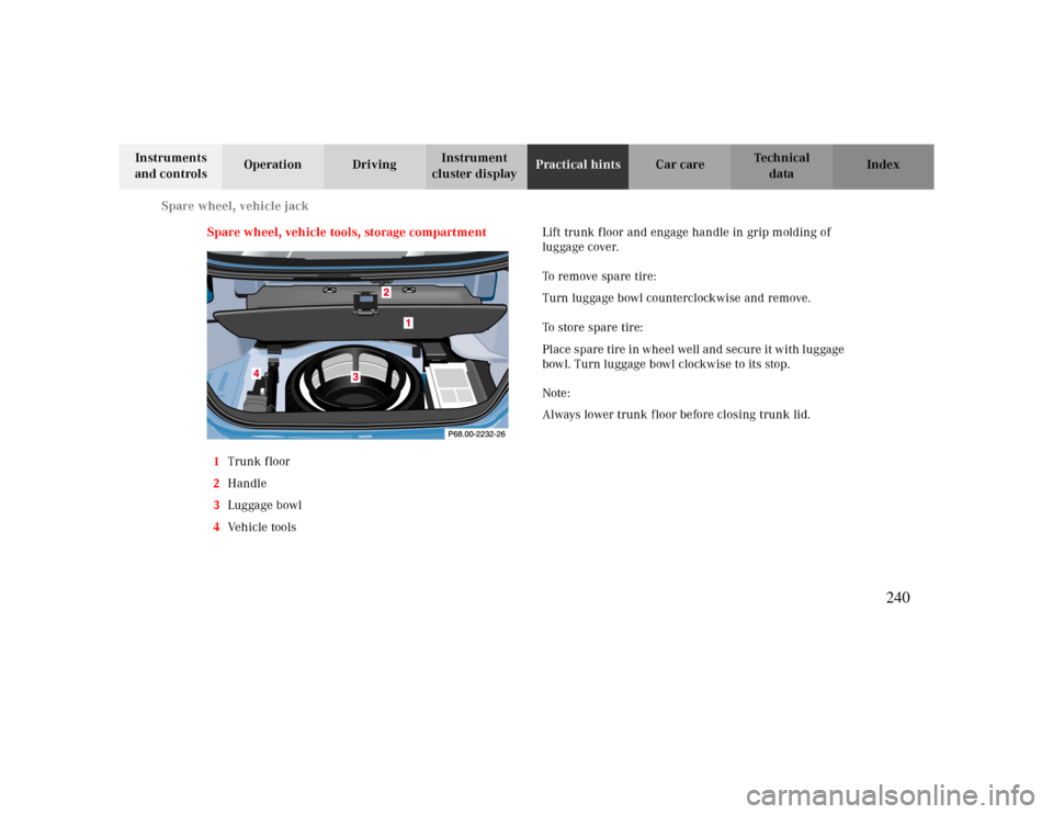 MERCEDES-BENZ CLK CABRIOLET 2000 A208 Owners Manual Spare wheel, vehicle jack
Te ch n ica l
data Instruments 
and controlsOperation DrivingInstrument 
cluster displayPractical hintsCar care Index
Spare wheel, vehicle tools, storage compartment
1Trunk f