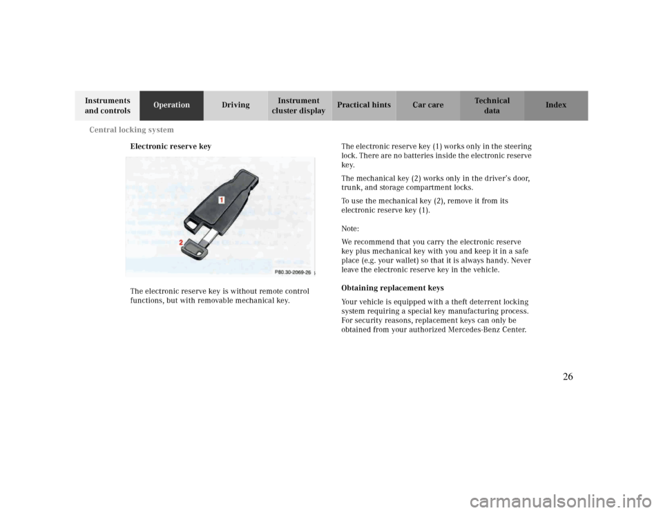 MERCEDES-BENZ CLK CABRIOLET 2000 A208 Owners Guide Central locking system
Te ch n ica l
data Instruments 
and controlsOperationDrivingInstrument 
cluster displayPractical hints Car care Index
Electronic reserve key
The electronic reserve key is withou