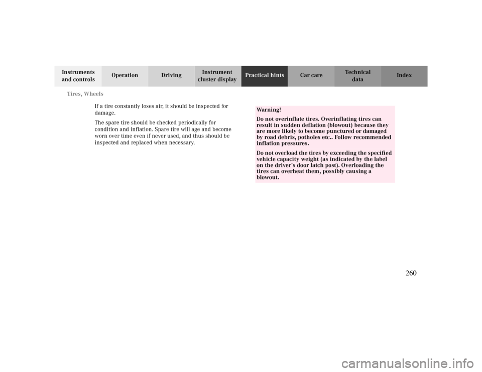 MERCEDES-BENZ CLK CABRIOLET 2000 A208 Owners Manual Te ch n ica l
data Instruments 
and controlsOperation DrivingInstrument 
cluster displayPractical hintsCar care Index
If a tire constantly loses air, it should be inspected for 
damage.
The spare tire