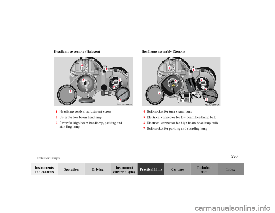 MERCEDES-BENZ CLK CABRIOLET 2000 A208 Owners Manual Exterior lamps
Te ch n ica l
data Instruments 
and controlsOperation DrivingInstrument 
cluster displayPractical hintsCar care Index Headlamp assembly (Halogen)
1Headlamp vertical adjustment screw
2Co
