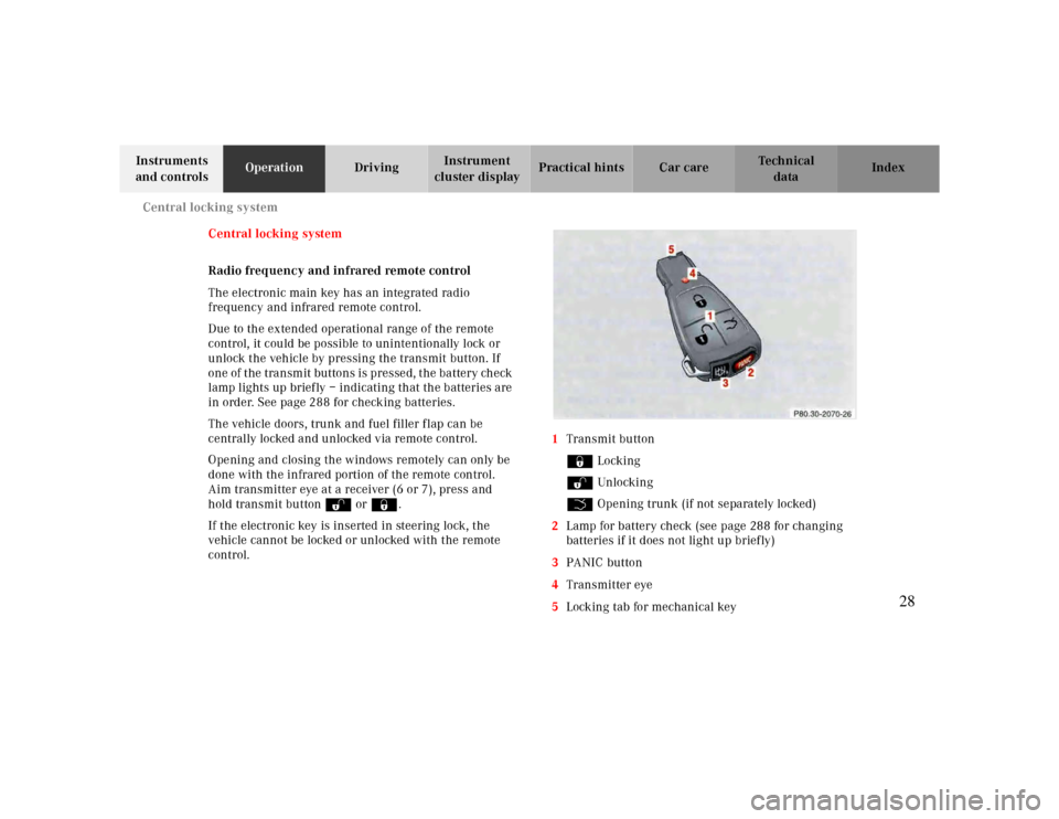 MERCEDES-BENZ CLK CABRIOLET 2000 A208 Owners Guide Central locking system
Te ch n ica l
data Instruments 
and controlsOperationDrivingInstrument 
cluster displayPractical hints Car care Index
Central locking system
Radio frequency and infrared remote 