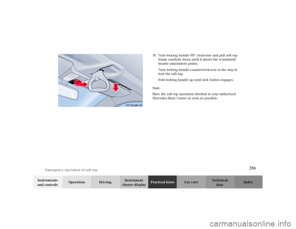 MERCEDES-BENZ CLK CABRIOLET 2000 A208 Owners Manual Emergency operation of soft top
Te ch n ica l
data Instruments 
and controlsOperation DrivingInstrument 
cluster displayPractical hintsCar care Index 19. Turn locking handle 90° clockwise and pull so