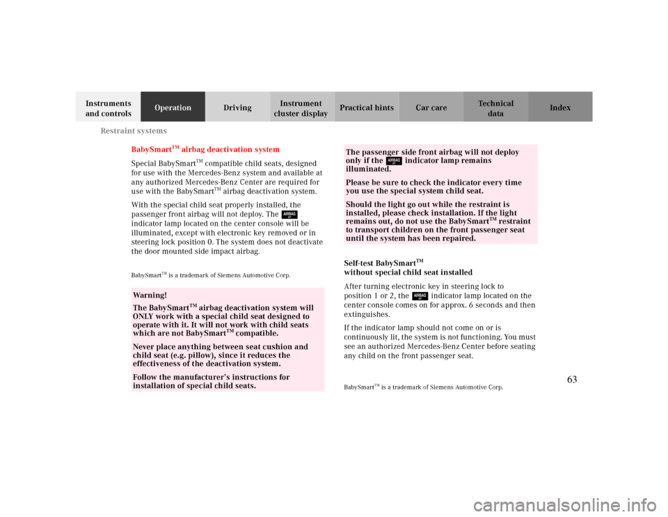 MERCEDES-BENZ CLK CABRIOLET 2000 A208 Repair Manual   Restraint systems
Te ch n ica l
data Instruments 
and controlsOperationDrivingInstrument 
cluster displayPractical hints Car care Index
BabySmart
TM airbag deactivation system
Special BabySmart
TM c