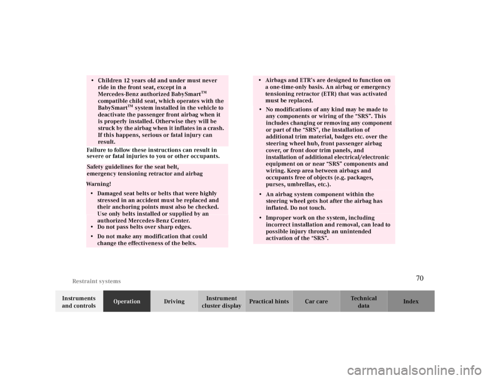 MERCEDES-BENZ CLK CABRIOLET 2000 A208 Repair Manual Restraint systems
Te ch n ica l
data Instruments 
and controlsOperationDrivingInstrument 
cluster displayPractical hints Car care Index
• Children 12 years old and under must never 
ride in the fron