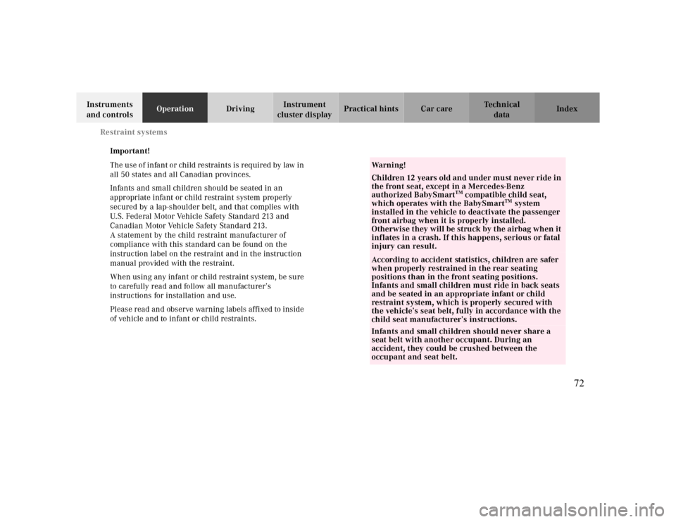 MERCEDES-BENZ CLK CABRIOLET 2000 A208 Manual PDF Restraint systems
Te ch n ica l
data Instruments 
and controlsOperationDrivingInstrument 
cluster displayPractical hints Car care Index
Important!
The use of infant or child restraints is required by 