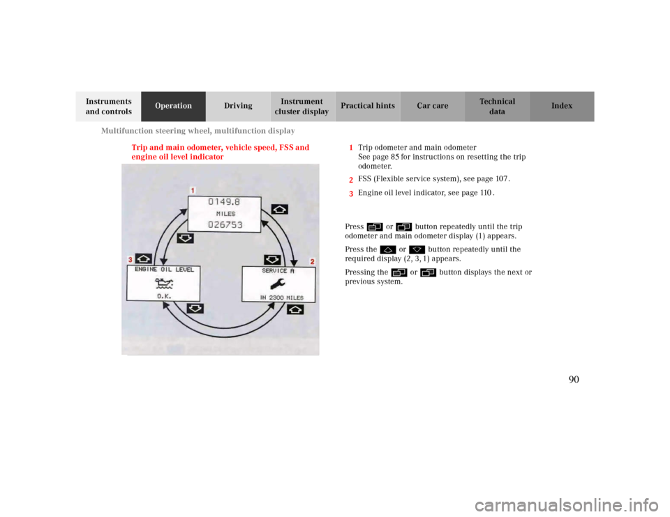 MERCEDES-BENZ CLK CABRIOLET 2000 A208 Owners Manual Multifunction steering wheel, multifunction display
Te ch n ica l
data Instruments 
and controlsOperationDrivingInstrument 
cluster displayPractical hints Car care Index
Trip and main odometer, vehicl