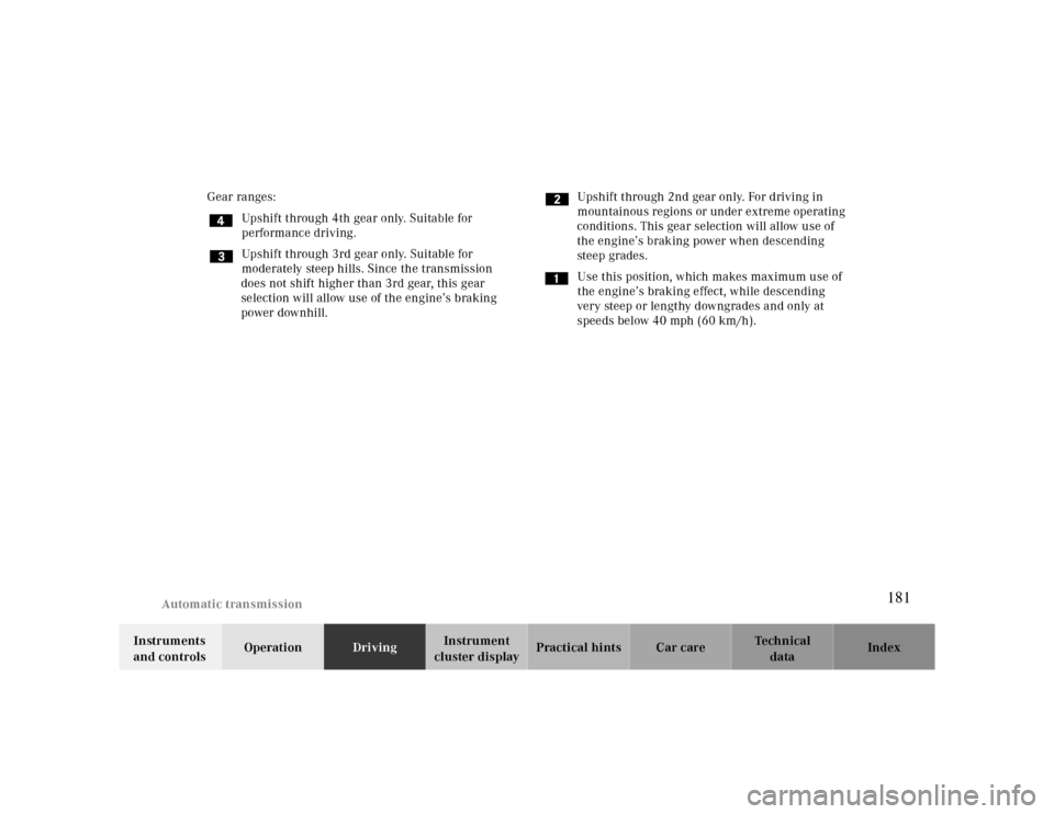 MERCEDES-BENZ CLK430 2000 C208 Owners Manual Automatic transmission
Te ch n ica l
data Instruments
and controlsOperationDrivingInstrument
cluster displayPractical hints Car care Index Gear ranges:
Upshift through 4th gear only. Suitable for
p MERCEDES-BENZ CLK430 2000 C208 Owners Manual Automatic transmission
Te ch n ica l
data Instruments
and controlsOperationDrivingInstrument
cluster displayPractical hints Car care Index Gear ranges:
Upshift through 4th gear only. Suitable for
p