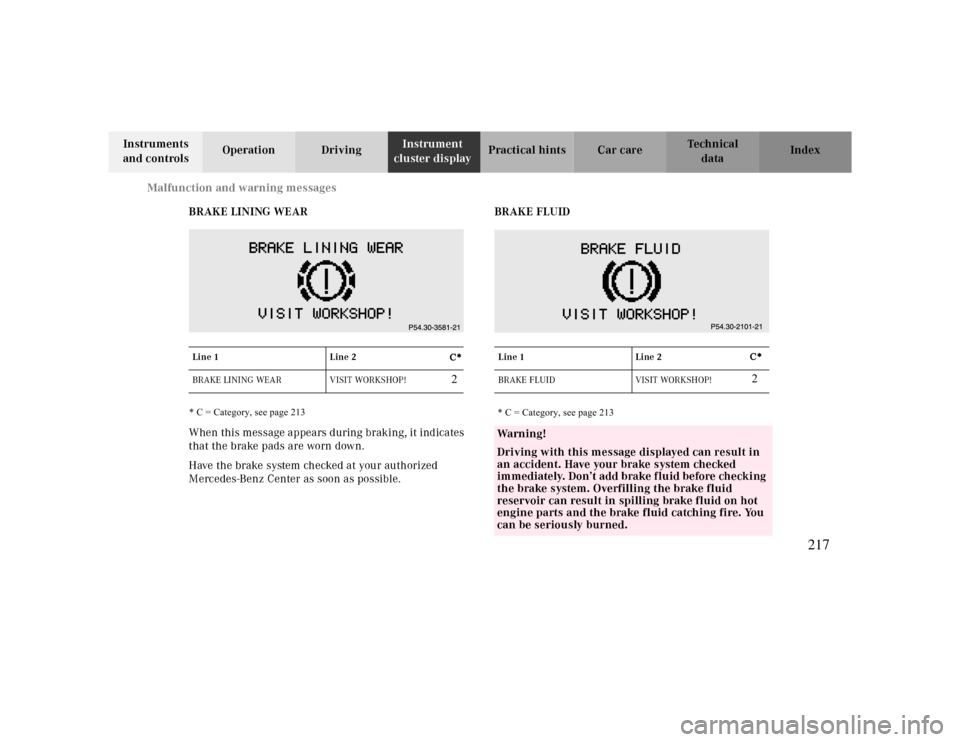 MERCEDES-BENZ CLK430 2000 C208 Owners Manual Malfunction and warning messages
Te ch n ica l
data Instruments
and controlsOperation DrivingInstrument
cluster displayPractical hints Car care Index
BRAKE LINING WEAR
When this message appears duri MERCEDES-BENZ CLK430 2000 C208 Owners Manual Malfunction and warning messages
Te ch n ica l
data Instruments
and controlsOperation DrivingInstrument
cluster displayPractical hints Car care Index
BRAKE LINING WEAR
When this message appears duri
