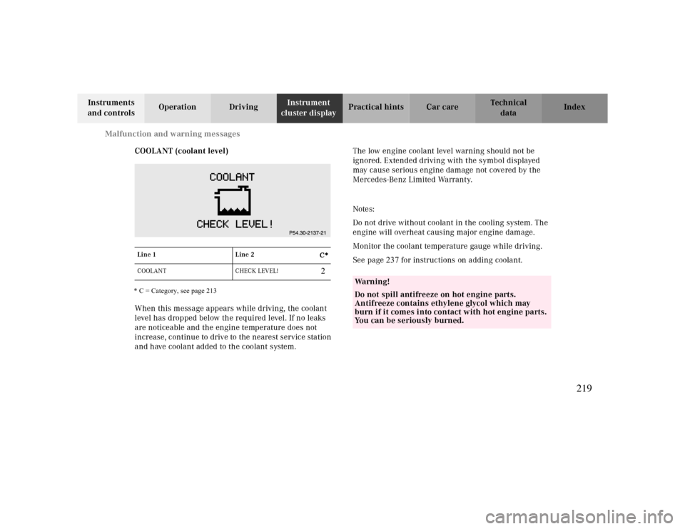 MERCEDES-BENZ CLK430 2000 C208 Owners Manual Malfunction and warning messages
Te ch n ica l
data Instruments
and controlsOperation DrivingInstrument
cluster displayPractical hints Car care Index
COOLANT (coolant level)
When this message appear MERCEDES-BENZ CLK430 2000 C208 Owners Manual Malfunction and warning messages
Te ch n ica l
data Instruments
and controlsOperation DrivingInstrument
cluster displayPractical hints Car care Index
COOLANT (coolant level)
When this message appear