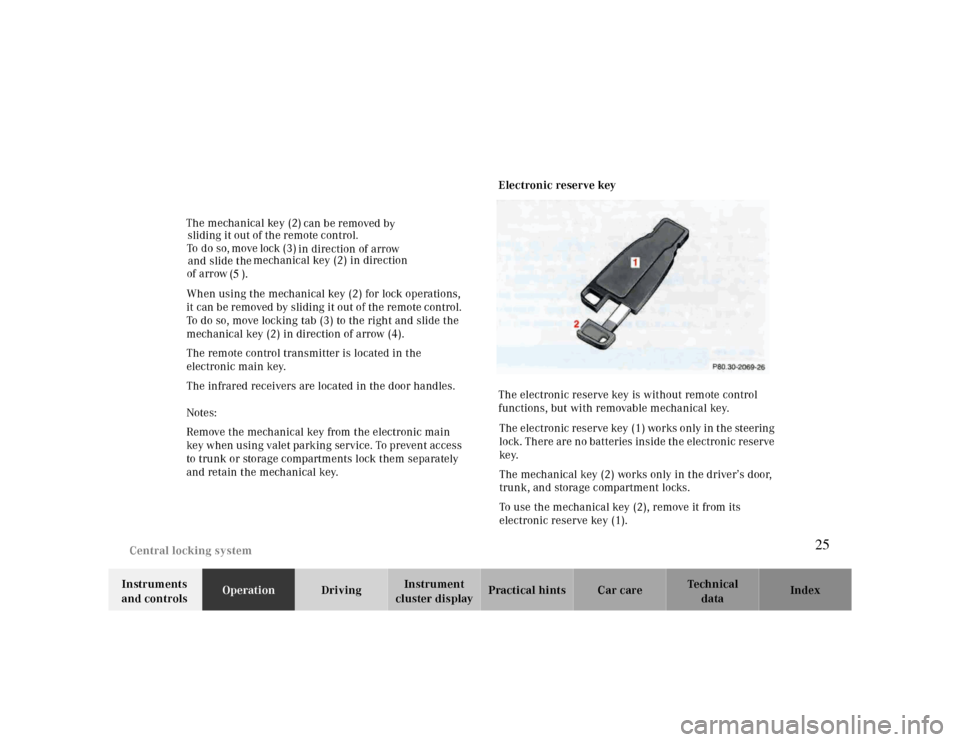 MERCEDES-BENZ CLK430 2000 C208 Owners Guide Central locking system
Te ch n ica l
data Instruments 
and controlsOperationDrivingInstrument 
cluster displayPractical hints Car care Index When using the mechanical key (2) for lock operations, 
it 