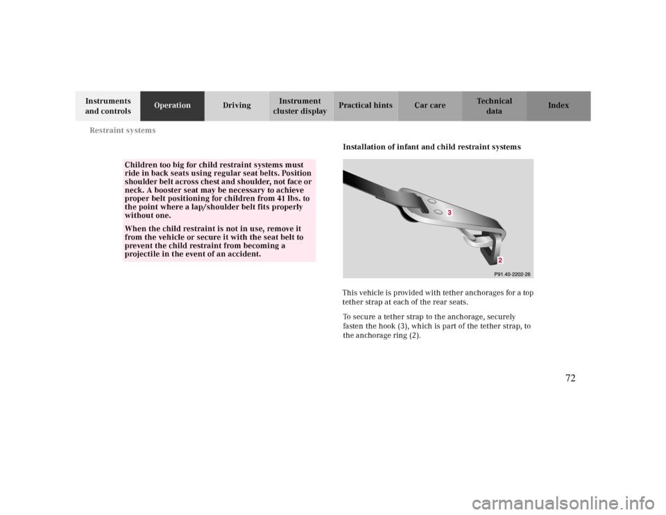 MERCEDES-BENZ CLK430 2000 C208 Manual PDF Restraint systems
Te ch n ica l
data Instruments
and controlsOperationDrivingInstrument
cluster displayPractical hints Car care Index
Installation of infant and child restraint systems
This vehicle MERCEDES-BENZ CLK430 2000 C208 Manual PDF Restraint systems
Te ch n ica l
data Instruments
and controlsOperationDrivingInstrument
cluster displayPractical hints Car care Index
Installation of infant and child restraint systems
This vehicle