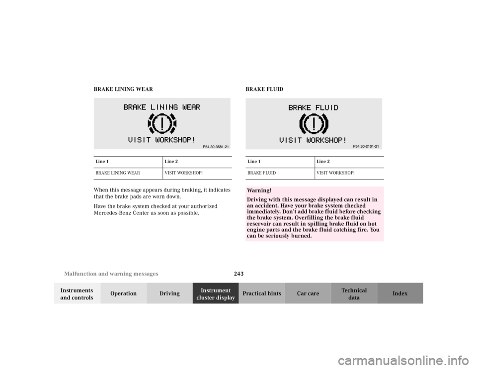 MERCEDES-BENZ E430 2000 W210 Owners Manual 243 Malfunction and warning messages 
Te ch n ica l
data Instruments 
and controlsOperation DrivingInstrument 
cluster displayPractical hints Car care Index BRAKE LINING WEAR
When this message appears